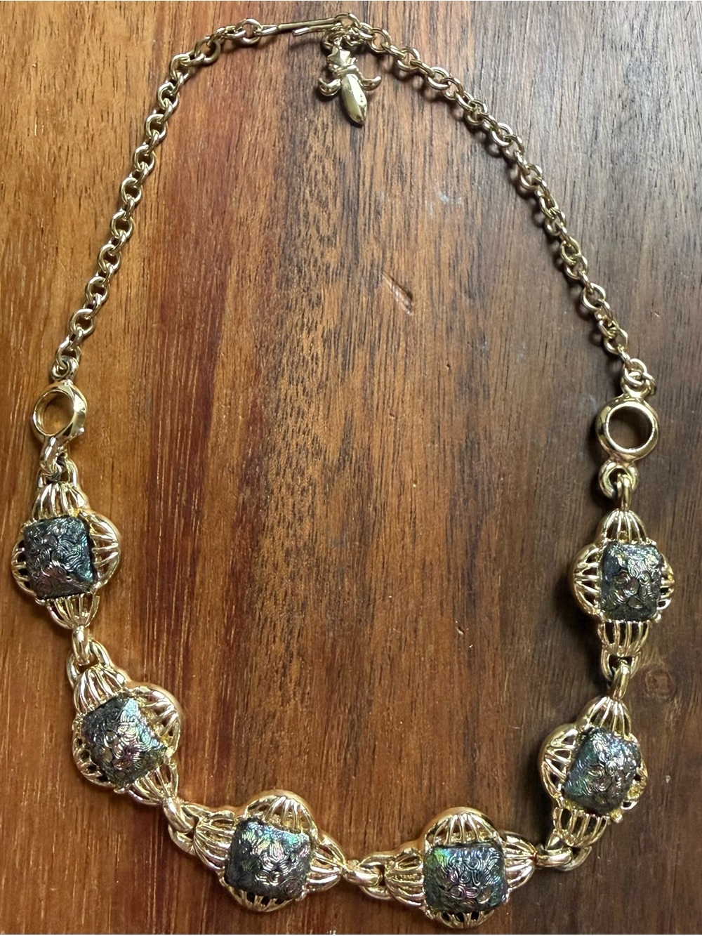 VTG Vendome Oil Sleek Gold-Tone Statement Necklace with Iridescent Stones Jewelr